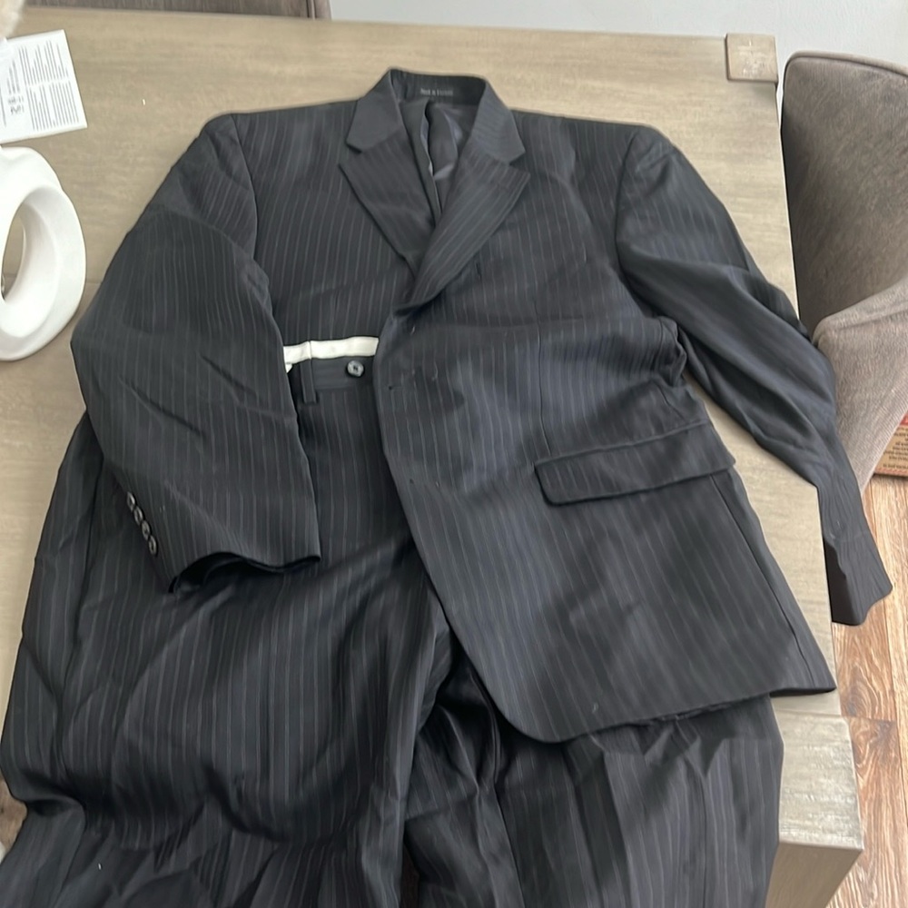 Mens black pinstripe suit van husen jacket size 42R slacks size 38X30